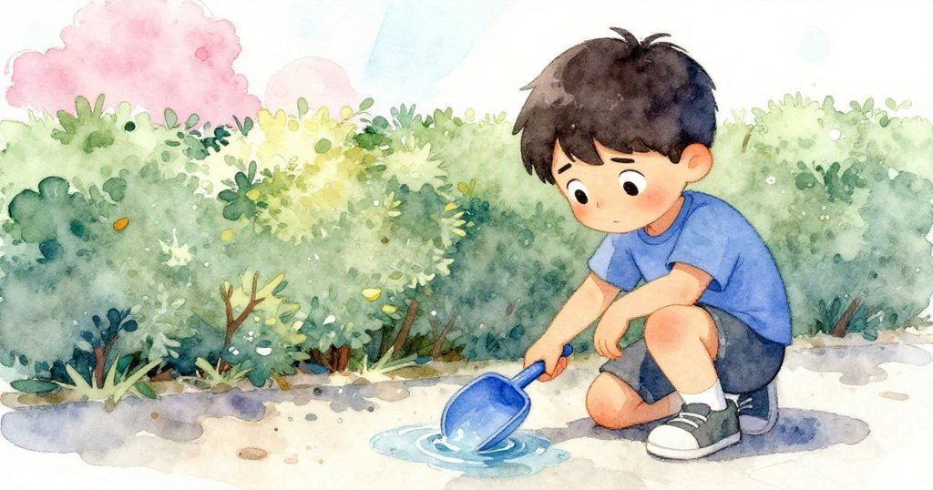 Rafael蹲下用藍匙子刮觸濕潤地面，其專注臉龐在水面中清晰映出，環境散發微涼氣息。