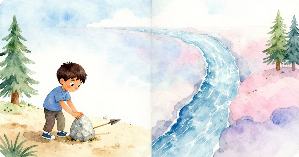 Rafael凝視著灰塵中排列的箭頭，夢幻中浮現出潮汐的分流，臉上充滿驚奇，現實與想像交織。