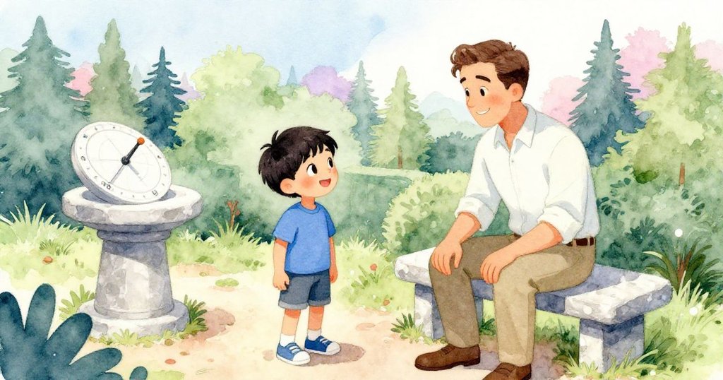 Rafael靠近石凳上的父親，他們互視微笑，周圍有陽光、日晷和金盞花，展現探險喜悅與溫馨互動。