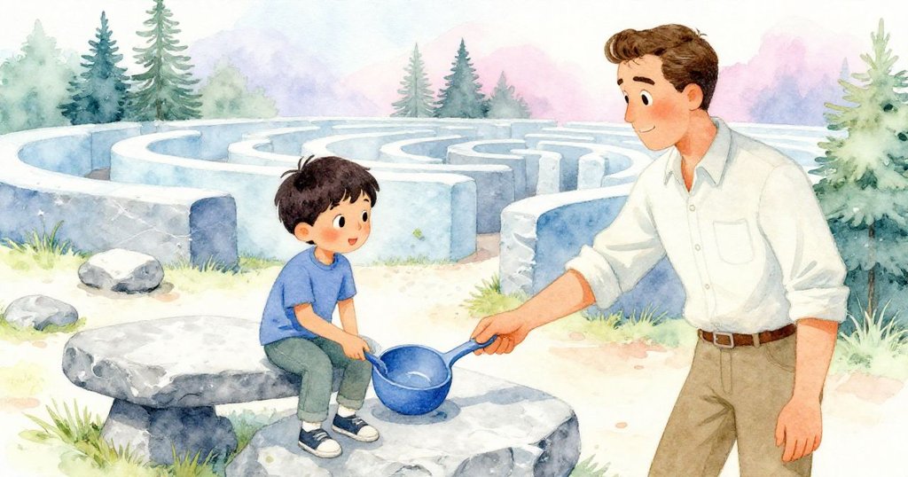 Rafael將藍匙子輕放在石凳上，父親溫柔注視，象徵探險完成，光影柔和，充滿滿足與溫暖情感。