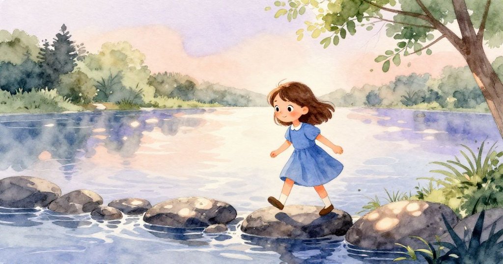 霍莉走在河邊的濕滑石頭上，背景是閃爍的河水與開闊天空，她臉上流露出探索的喜悅。