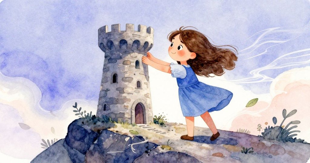 霍莉在微風中重返未完成的石塔，風中飛舞著落葉，她專注而謹慎，氛圍緊張又充滿生機。