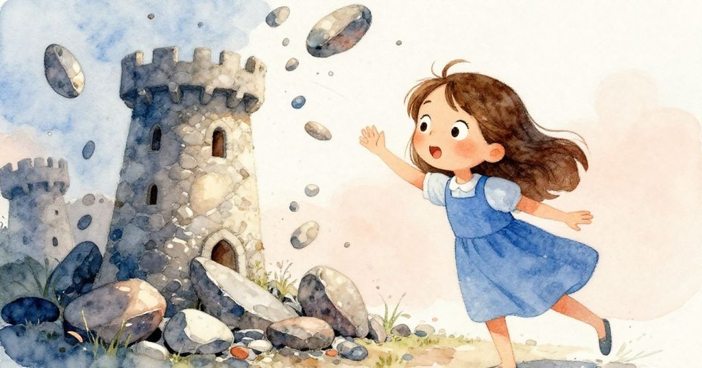 石塔突然坍塌，霍莉驚愕退後，散落的石頭與風起雲湧形成強烈對比，氣氛充滿張力。