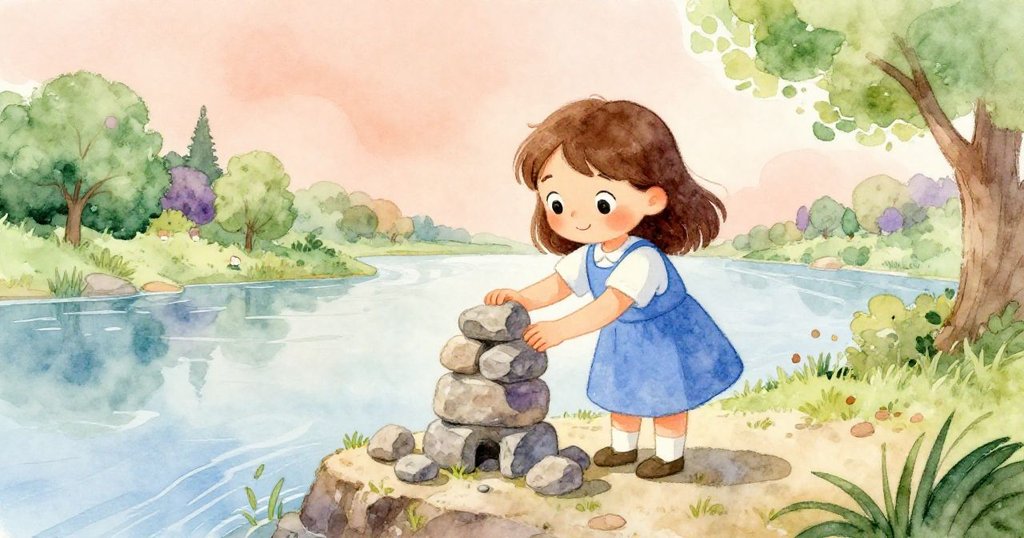 霍莉靜心挑選三塊平整的石頭，穩固重建小石塔，河水輕拍岸邊，臉上流露出寧靜與希望。