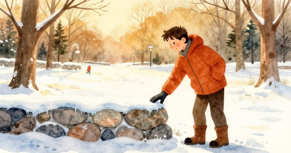 Axel的手輕觸冰石交界，晨光微弱中展現公園冰面局部，透露出寒冷而期待的情感。