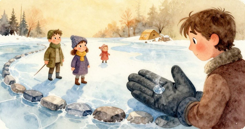 Axel戴手套的手細緻敲擊冰面上附著的葉片，冰層出現細微裂痕，表現出專注與探索的心情。