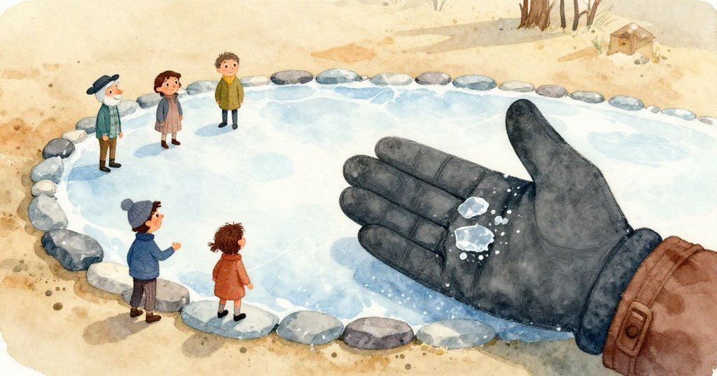 Axel以第一人視角俯瞰滑行路徑，冰面反光中透出融水與裂縫，顯示堅定與冒險的情緒。