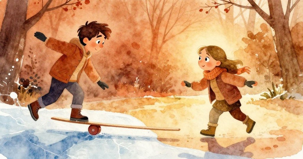 Axel與Greta在冰邊互動，Greta因小失誤輕快跳向暖區，Axel依然堅定準備滑行，展現互助與愉悅氣氛。