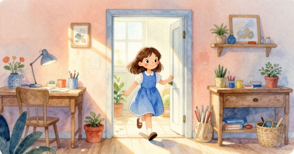 Lyra開心地跨進充滿溫暖光芒的工藝房, 門口透出柔和陽光, 她充滿期待與好奇, 背景隱約見到工藝用品.