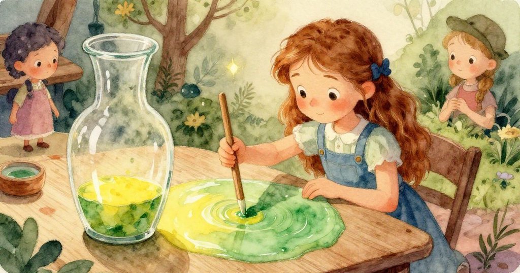 Lyra穿著藍色涼鞋, 輕巧地走過工藝桌, 桌上黃色顏料與木棒細節豐富, 光影柔和, 呈現出探索的起始.