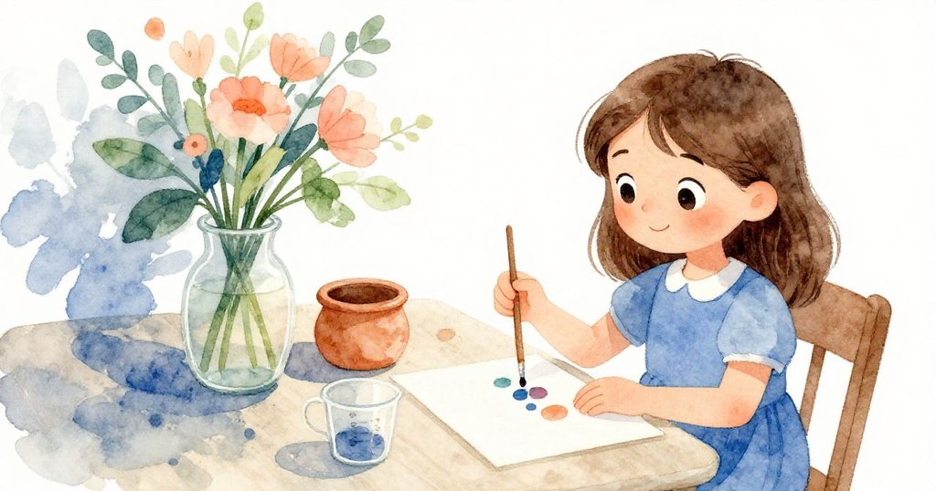 Lyra專心在工藝桌前攪拌顏料, 桌上層層堆放著花瓶、陶罐和量杯, 細膩光影映襯出創作的過程.