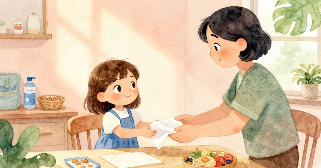 Lyra與成人在工藝桌旁溫馨互遞摺疊紙巾, 成年人正忙著收拾野餐零食, 彼此展現出滿足與關懷, 場景溫暖親切.