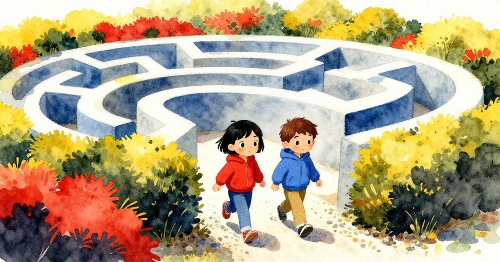 格里爾與薩姆踏入迷宮入口,碎石路面發出響亮嚓嚓聲,綠籬環繞下展現對未知冒險的滿懷期待。