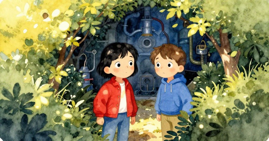 格里爾與薩姆透過樹籬縫隙窺視,葉影斑駁間流露探索心情,隱約傳來低吼的機械聲增添神秘感。