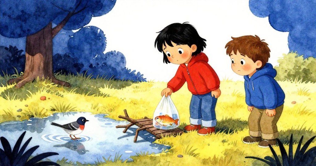 中央空地上,水潭映出小鳥影子,薩姆小心觀察塑膠袋內小魚,格里爾調整木枝搭橋,情境由緊張轉為柔和。