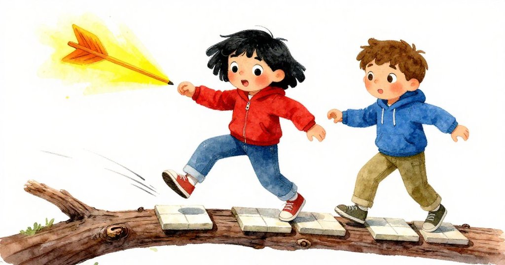 跨越木橋時,格里爾與薩姆驚訝地見鞋撞上隱藏瓷磚,雕刻箭頭閃現,動作中蘊含著堅定與探索。