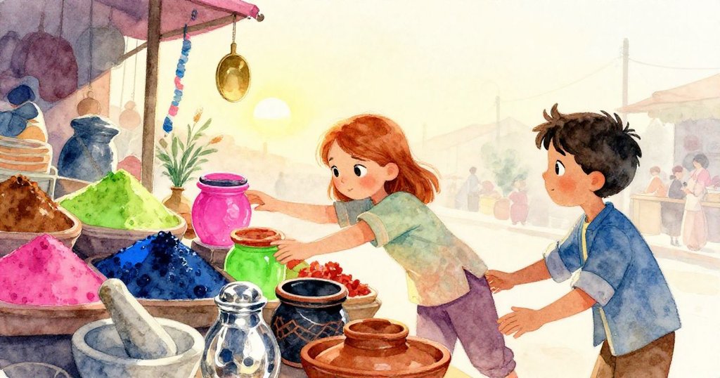 Dawn在晨光中的香料攤前伸手取罐，Axel在身後幫忙，市場繁忙，兩人神情專注，氛圍溫暖且充滿希望。