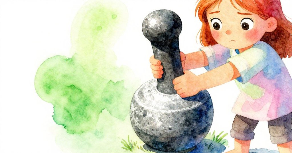 Dawn專注試轉平滑石杵，特寫展現手與石紋細節，背景隱約顯示香料攤，氣氛凝重而充滿決心。