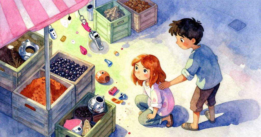 高角度俯視忙碌的香料攤，Dawn蹲下調整石杵，Axel扶穩貨架，物品散亂動盪，氛圍急切卻充滿團結。