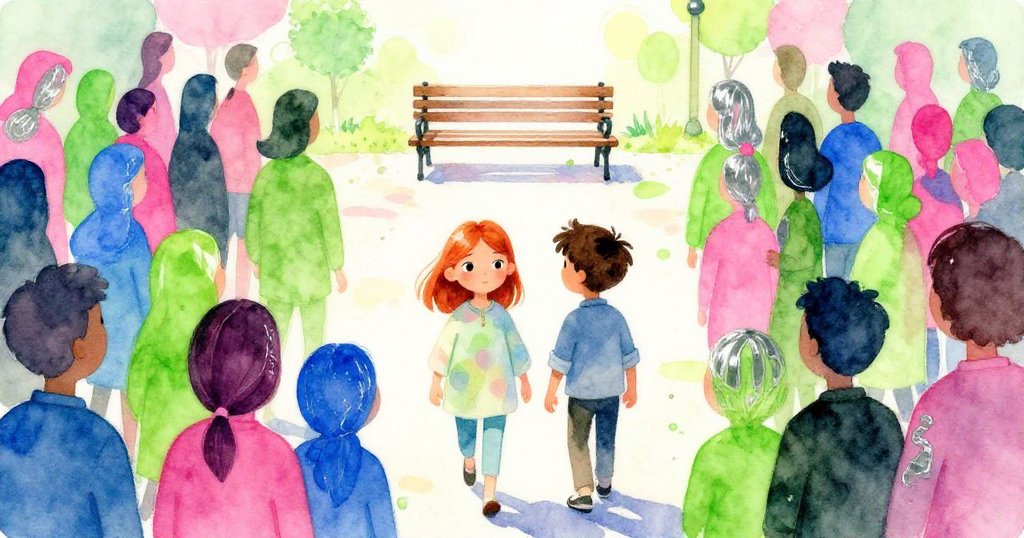 Dawn與Axel穿過漸散的人群，前往廣場邊陽光明媚的長椅，周圍環境明亮溫暖，氛圍由混亂轉向寧靜。