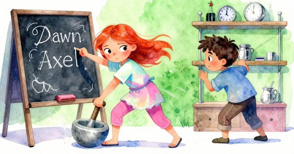 Dawn使勁滾動沉重的石杵以固定展示板，Axel扶住晃動的貨架，動作迅捷且充滿協作精神，氛圍緊張活躍。