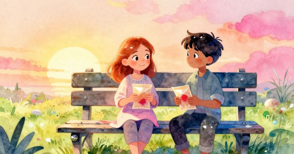 Dawn與Axel在落日金光中於長椅上坐著，手持裝有胭脂色粉末的紙袋，臉上洋溢著成功與寧靜的微笑，故事圓滿落幕。