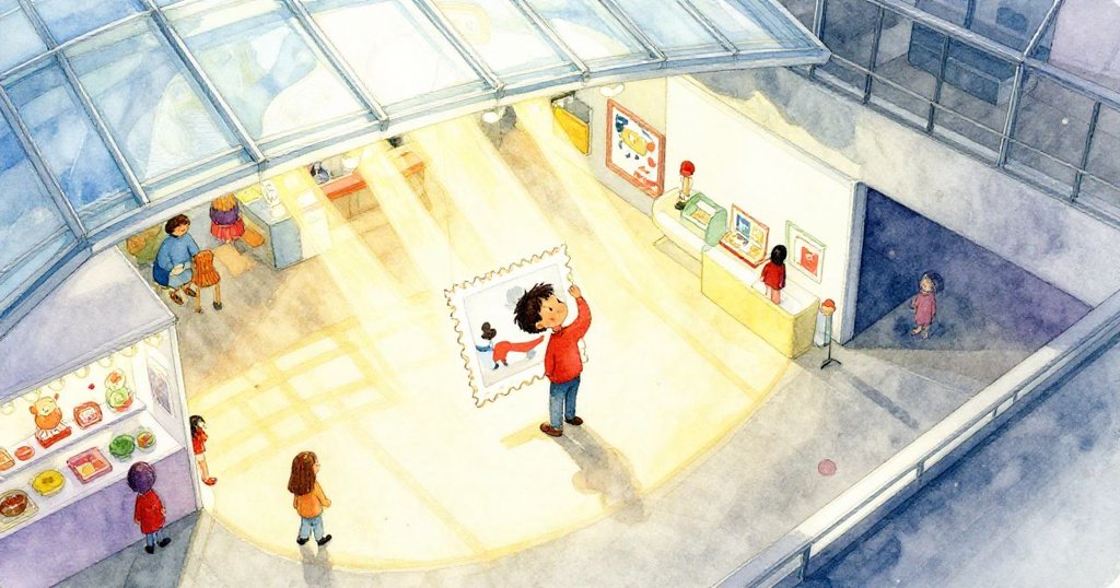 York正於展覽館內操作印章,玻璃天窗灑下明亮光線,展現好奇與期待的情緒。