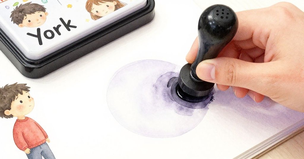 York輕輕刷動印章墊,寬闊背景中僅留淡淡印記,展現出細膩創作初期的神秘感。