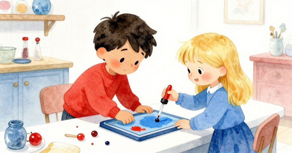 York與Frida在櫃檯前密切合作,調整印章動作,落下深色水滴,層次豐富且充滿專注互動。