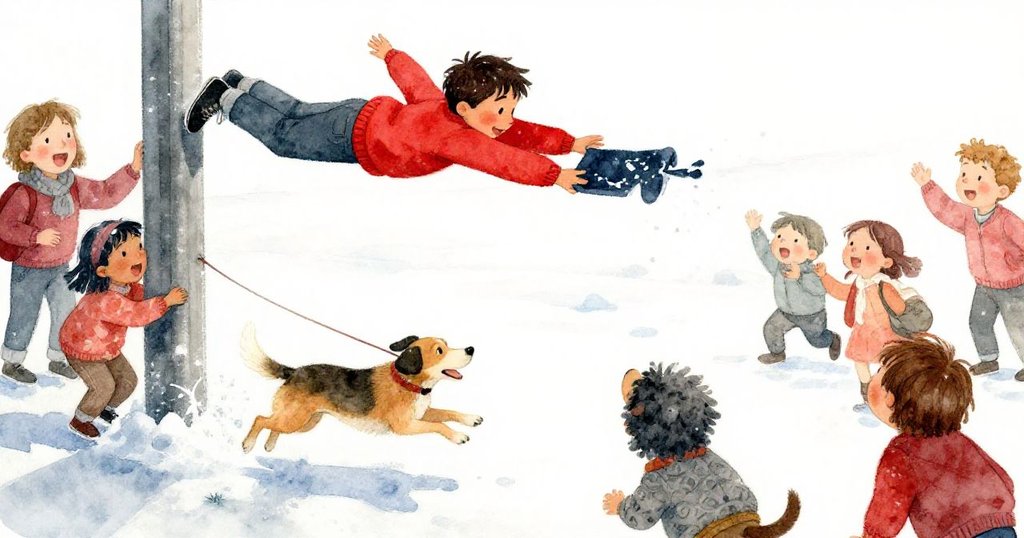 York迅速出手抓住傾斜柱子,導盲犬驚跳、孩童腳步搖動,畫面瞬間凝固展現緊張動感。