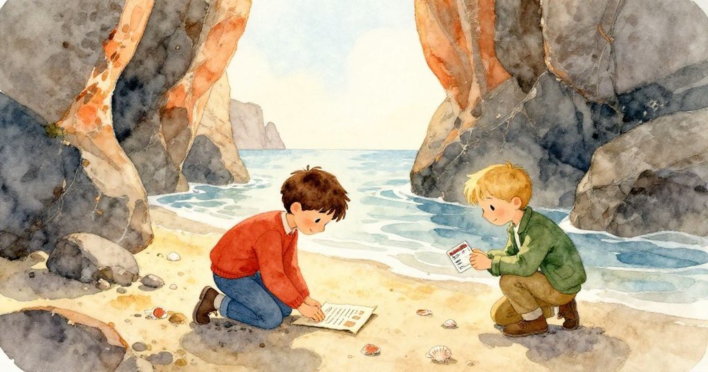 Jude正專心在筆記本上繪製,Vernon陪在旁邊檢查卡片,海邊岩石及溫暖夕陽襯托出寧靜氣氛