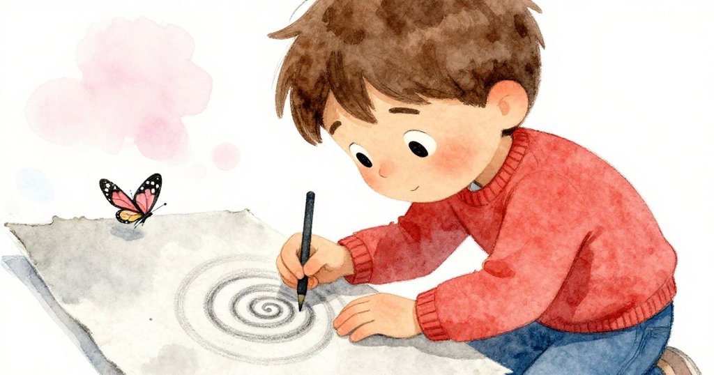 Jude專注描繪螺旋紋理,臉上流露出堅定與驚奇,筆記本上微妙的鉛筆痕跡和蝴蝶翅膀點綴背景