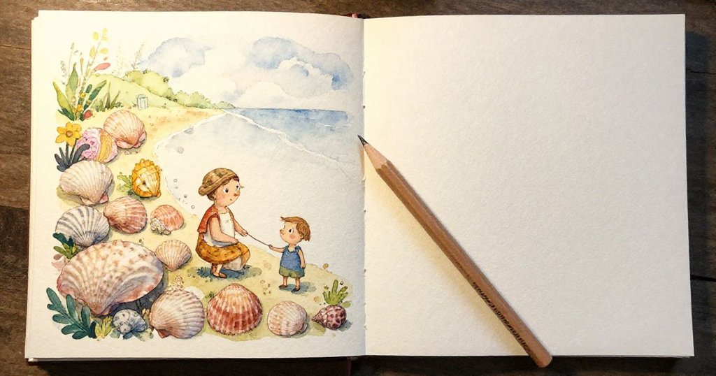 左側細膩描繪蝸牛在淺水中徐行觸石,右側筆記本上蝴蝶翅膀落下帶來暖黃色痕跡,展現自然與創作瞬間