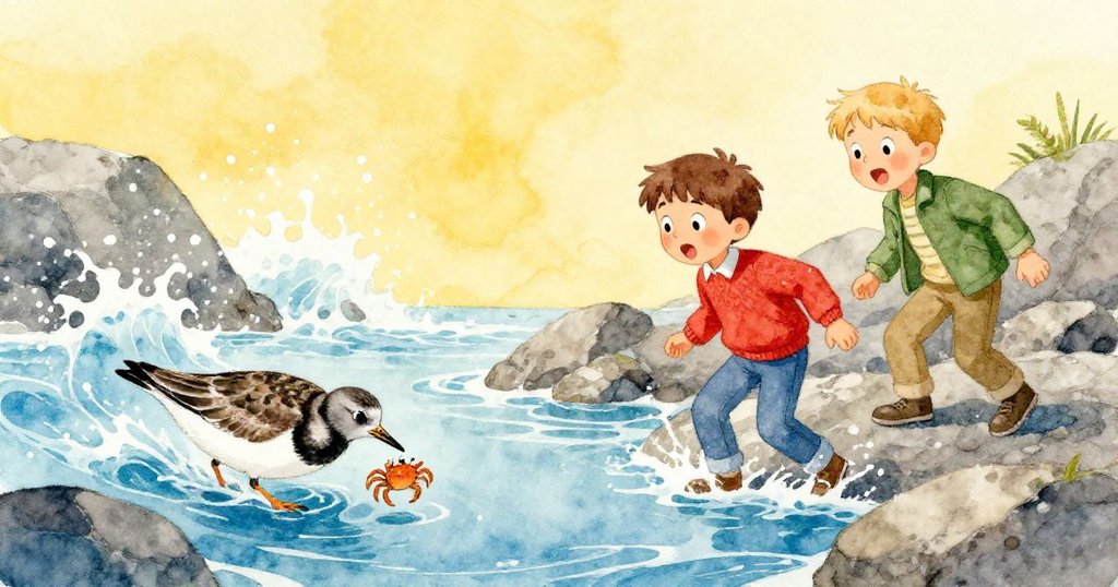 潮水急漲中,鳥兒奪食時激動現場,Jude與Vernon驚訝後退,岩石與浪花交織動感畫面