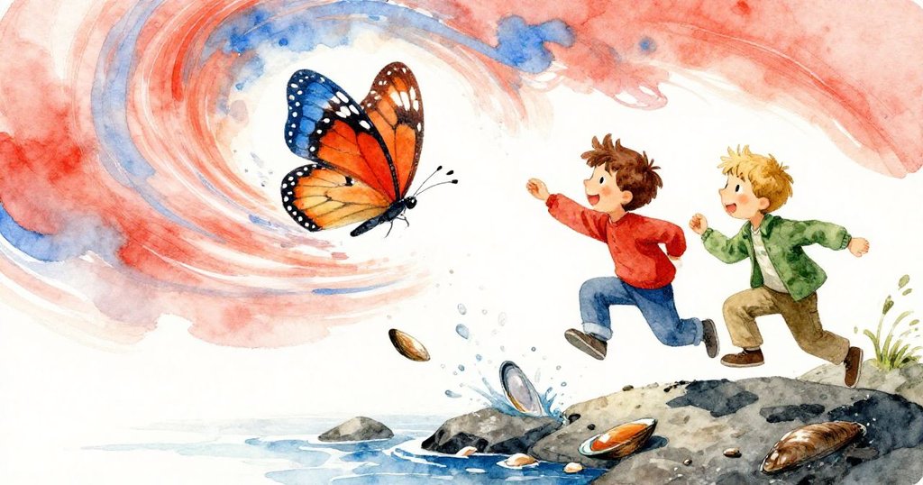 突如其來的陣風使蝴蝶翅膀飄落於草圖上,Jude和Vernon急速跳躍避開濕滑碎貝,動感十足