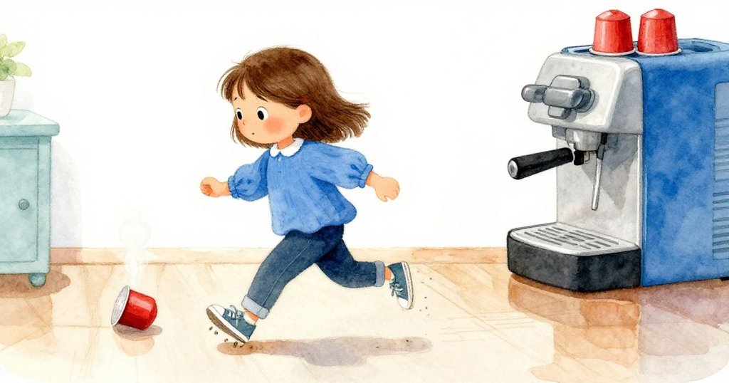 Dina急步前行，運動中的鞋底在光滑走道上展現生動足跡，咖啡機旁滾動的熱膠囊引發緊急感。