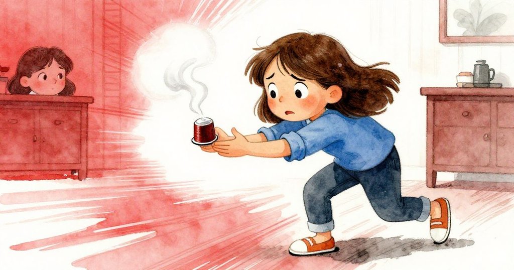 Dina迅速彎腰捕捉滾動的熱咖啡膠囊，表情充滿憂慮與決心，動態感十足展現室內突發狀況。