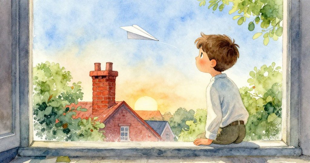 Grant透過磨砂窗凝視校外，紙飛機借暖氣流飛起，他眼神專注，室內外光影和諧呈現期待氣氛。