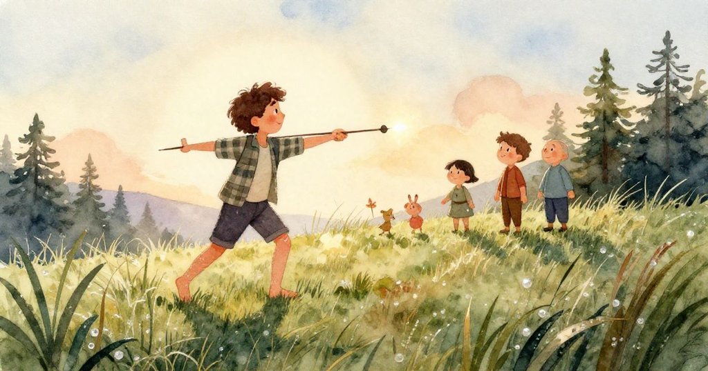 紙飛機輕輕落在露水濕潤的草地上，倒影映在小水塘中，一隻麻雀低飛，整體畫面溫柔而靜謐。