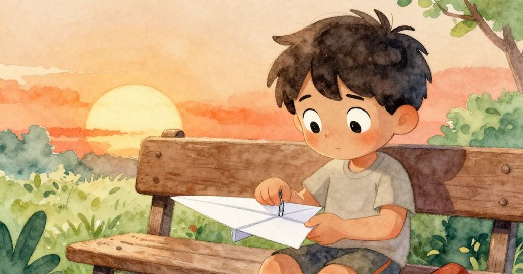 Forrest在折疊椅旁認真修改紙飛機，神情堅定細心改造，夕陽橙光映襯下充滿創意與堅持。