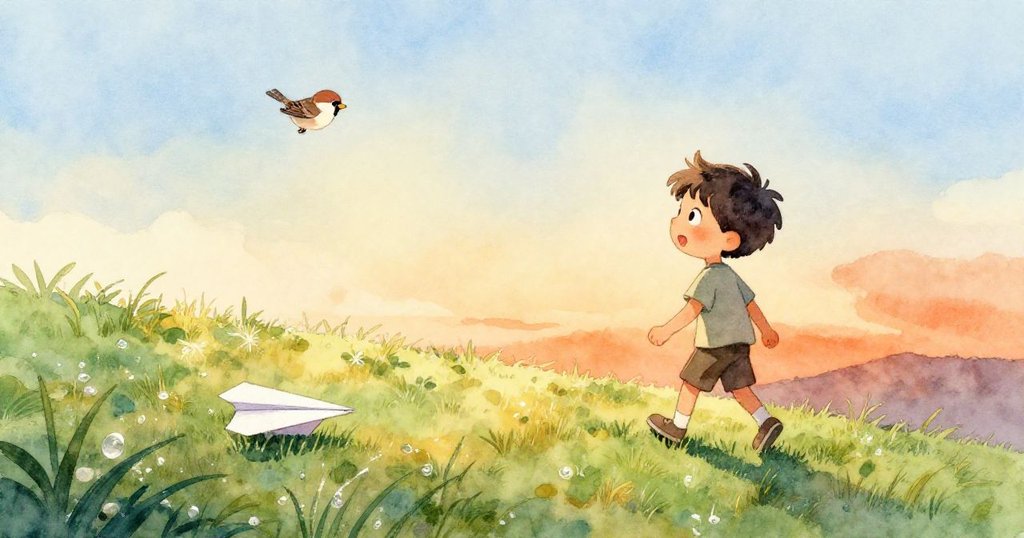 Forrest在寧靜夕光中緩步歸來，紙飛機安靜躺於草地上，麻雀掠過天際，畫面祥和且充滿餘韻。