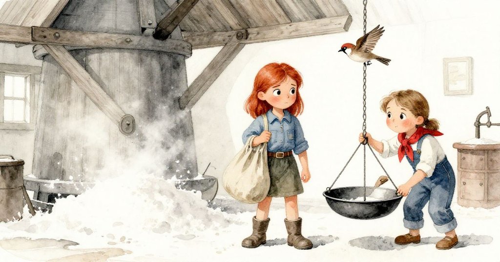 在粉末飛舞的磨坊中，Kit提著袋子忙碌，Winona操作鐵秤盤，棕色雀鳥低飛，情境溫暖充滿動感。