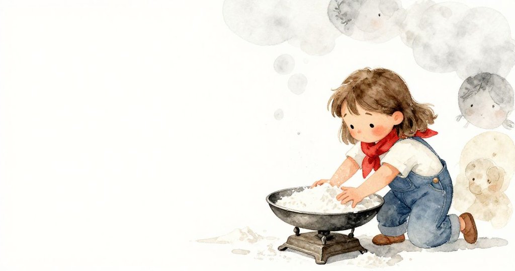 Winona穩定著鐵秤盤，背景白粉無際，展現出她專注與堅定的神情，空曠中透露平靜。