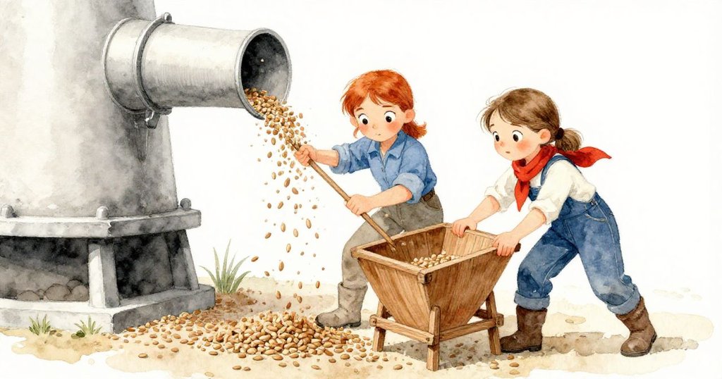 Kit與Winona在搖晃的磨坊中合作，Winona彎腰調整槽口，Kit穩定木框，畫面傾斜展現忙亂節奏。