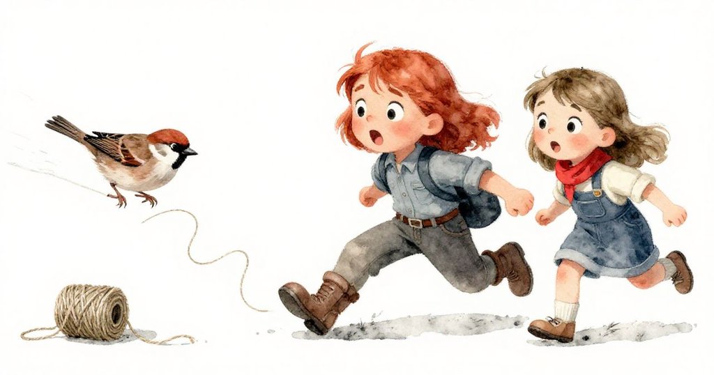 雀鳥迅速掠過線頭，Kit與Winona驚喜看著這急速追逐，畫面充滿活力與溫馨。