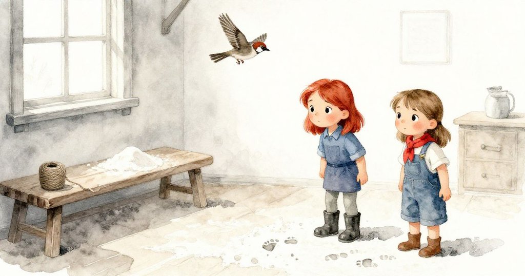 夕陽下磨坊寧靜，Kit與Winona放鬆面向新程，足跡與線圈記錄勞作，雀鳥低飛象徵未來希望。