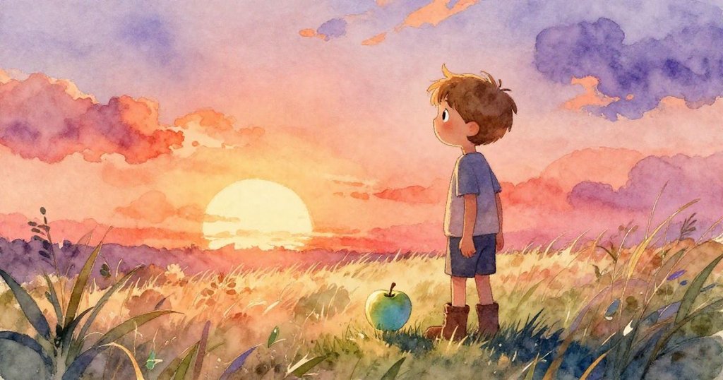 喬納斯站在草地上，眼神困惑望著在夕陽光影下旋轉的藍綠色蘋果，環境寧靜溫暖，故事開始展開。