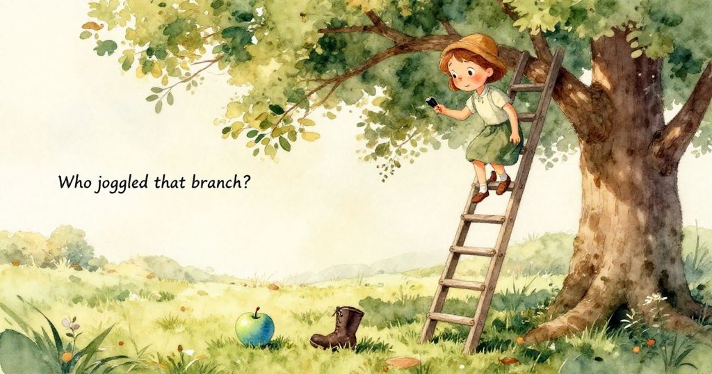 喬納斯的靴旁放著一個藍綠色蘋果，細膩的質感和水珠吸引目光，溫暖光影中充滿了神秘氣息。