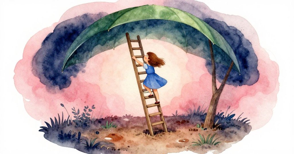 歐娜在潮濕土地上攀爬一架歪斜的梯子，背景略帶扭曲效果，神情堅定，顯現出奇幻且動感的場景。