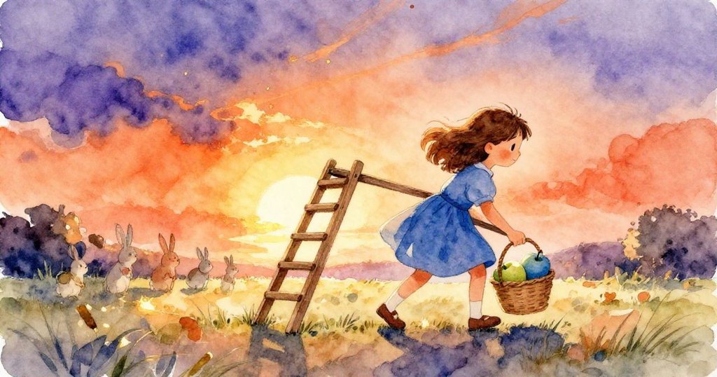 歐娜堅定地將梯子拖向乾燥土地，熟練地夾住藍綠色蘋果放入籃中，眼神堅毅，周圍兔子靜靜注視著。